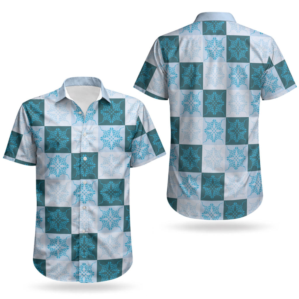 Cyan Manta Ray Hawaiian Quilt Motif Couples Matching Tank Maxi Dress and Hawaiian Shirt