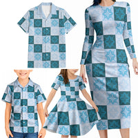 Cyan Manta Ray Hawaiian Quilt Motif Family Matching Long Sleeve Bodycon Dress and Hawaiian Shirt