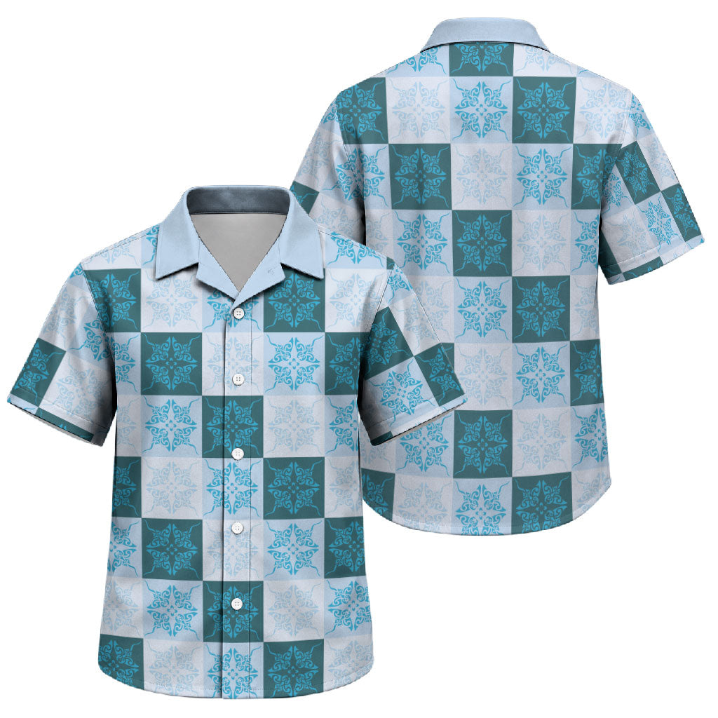 Cyan Manta Ray Hawaiian Quilt Motif Family Matching Long Sleeve Bodycon Dress and Hawaiian Shirt
