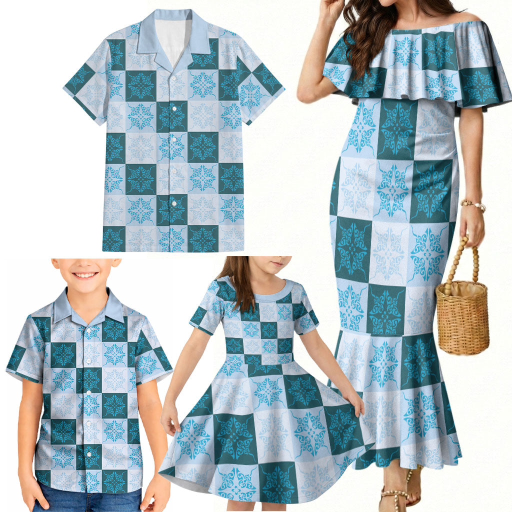 Cyan Manta Ray Hawaiian Quilt Motif Family Matching Mermaid Dress and Hawaiian Shirt LT05 - Polynesian Pride