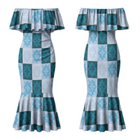 Cyan Manta Ray Hawaiian Quilt Motif Family Matching Mermaid Dress and Hawaiian Shirt