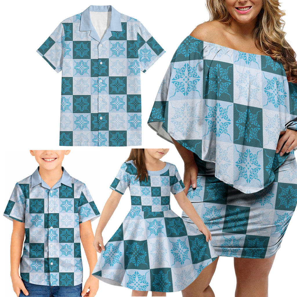 Cyan Manta Ray Hawaiian Quilt Motif Family Matching Off Shoulder Short Dress and Hawaiian Shirt LT05 - Polynesian Pride