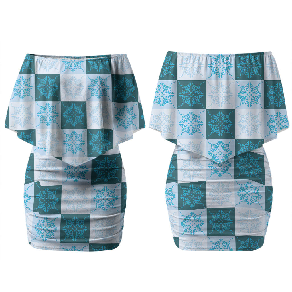 Cyan Manta Ray Hawaiian Quilt Motif Family Matching Off Shoulder Short Dress and Hawaiian Shirt