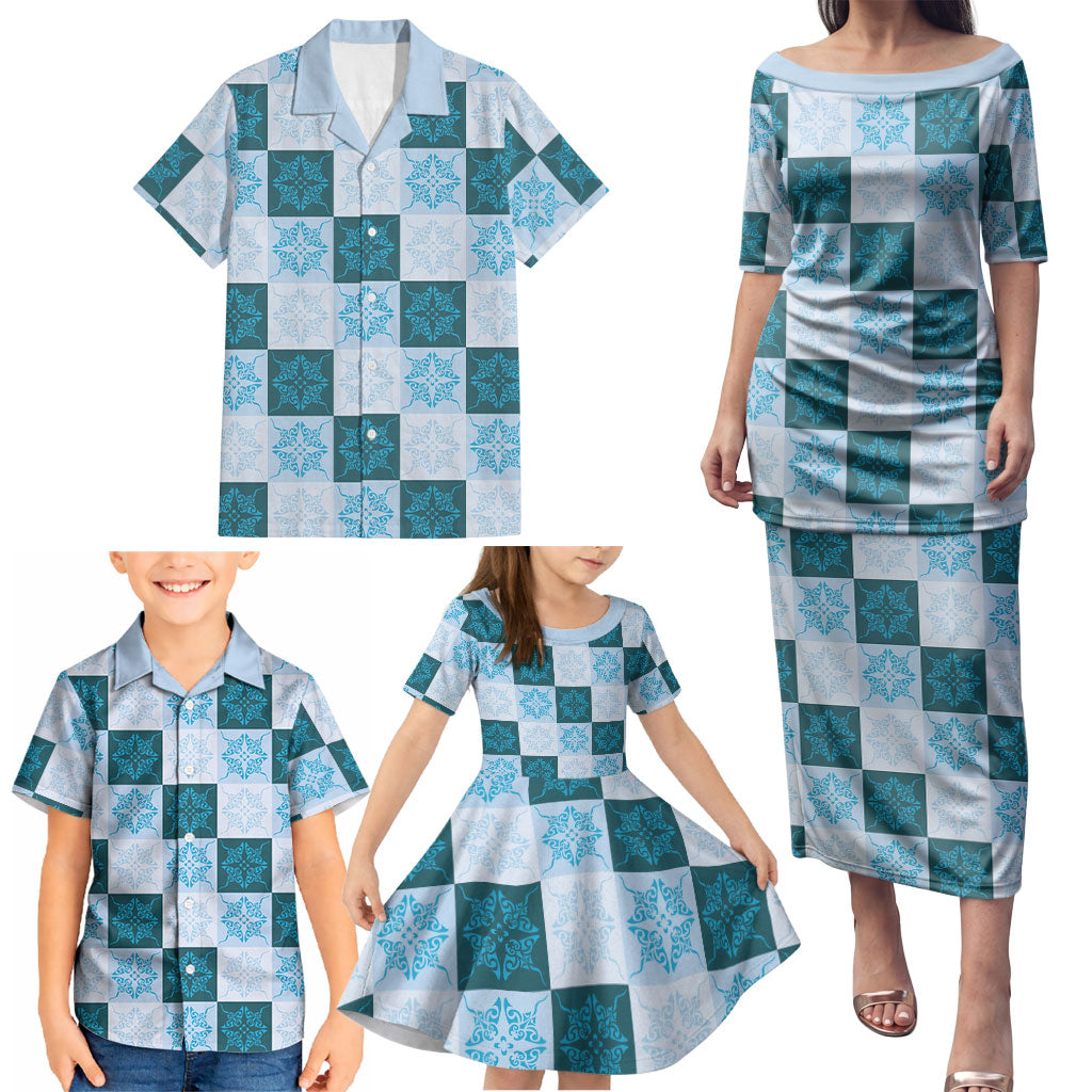 Cyan Manta Ray Hawaiian Quilt Motif Family Matching Puletasi and Hawaiian Shirt