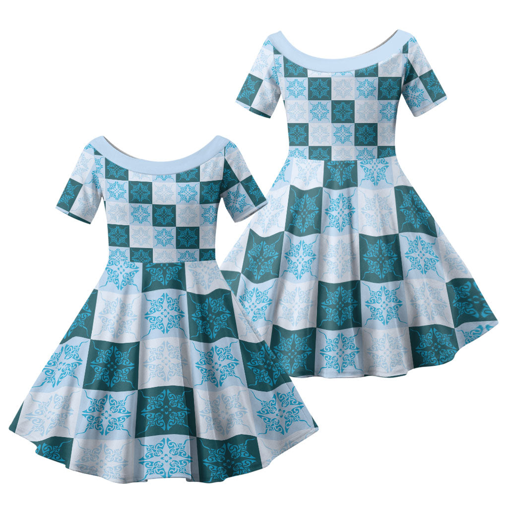 Cyan Manta Ray Hawaiian Quilt Motif Family Matching Puletasi and Hawaiian Shirt