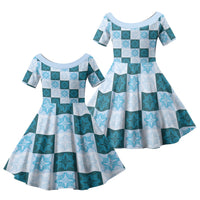 Cyan Manta Ray Hawaiian Quilt Motif Family Matching Short Sleeve Bodycon Dress and Hawaiian Shirt
