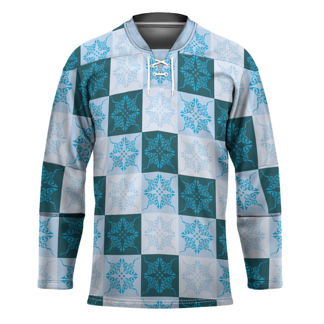 Cyan Manta Ray Hawaiian Quilt Motif Hockey Jersey