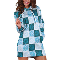 Cyan Manta Ray Hawaiian Quilt Motif Hoodie Dress