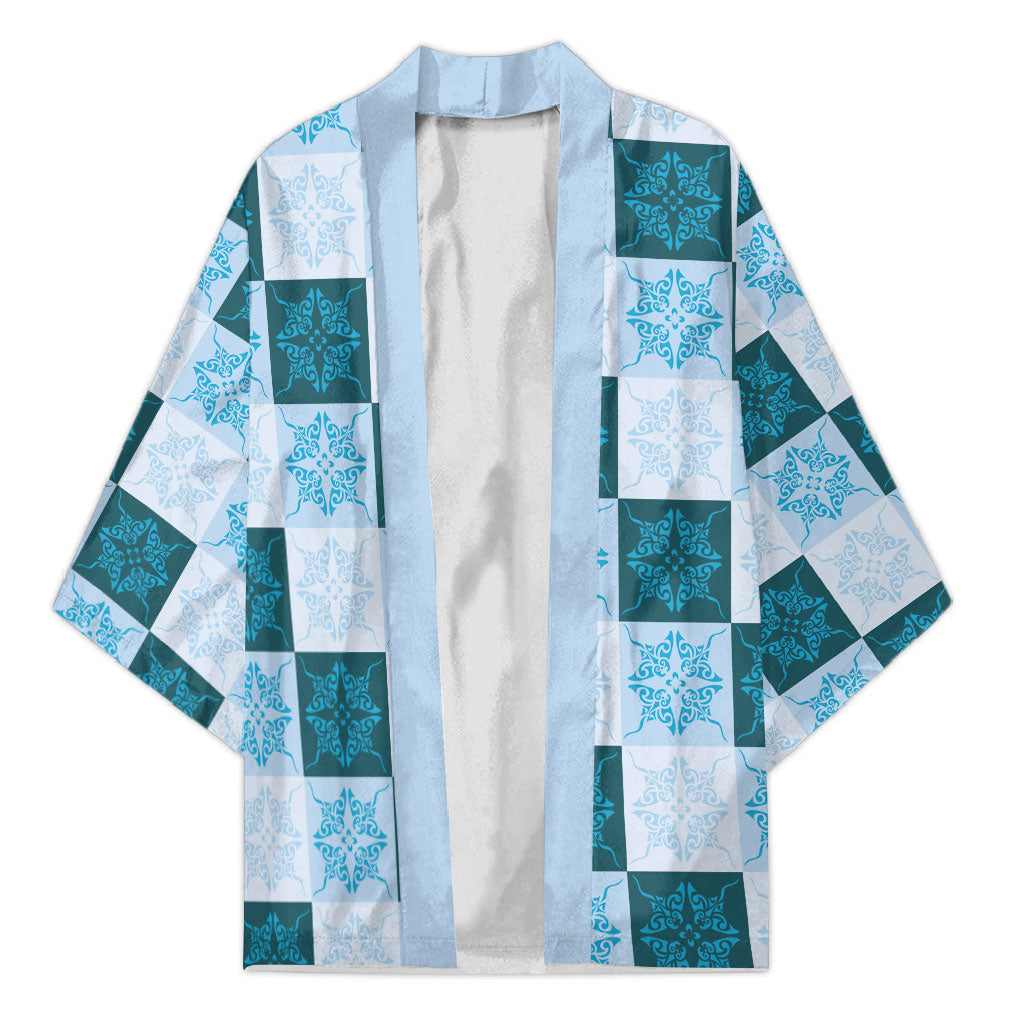 Cyan Manta Ray Hawaiian Quilt Motif Kimono