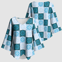 Cyan Manta Ray Hawaiian Quilt Motif Kimono Sleeve Blouse