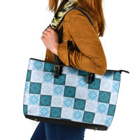Cyan Manta Ray Hawaiian Quilt Motif Leather Tote Bag