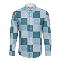 Cyan Manta Ray Hawaiian Quilt Motif Long Sleeve Button Shirt