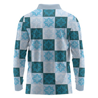 Cyan Manta Ray Hawaiian Quilt Motif Long Sleeve Polo Shirt