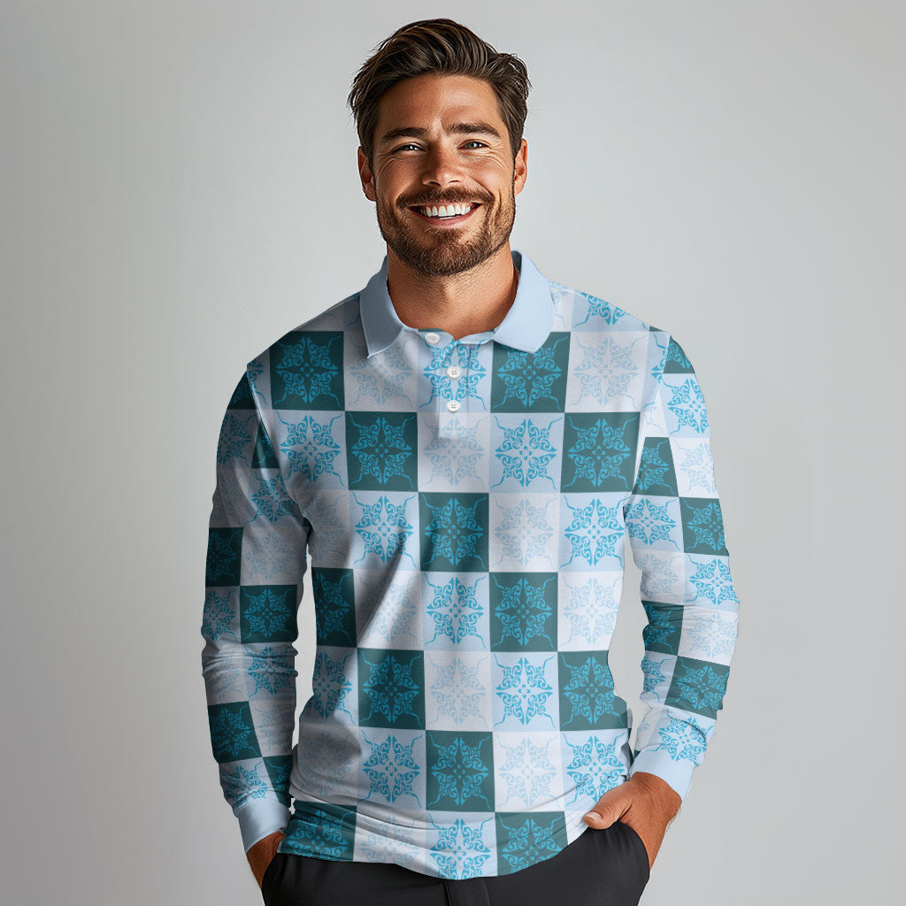 Cyan Manta Ray Hawaiian Quilt Motif Long Sleeve Polo Shirt