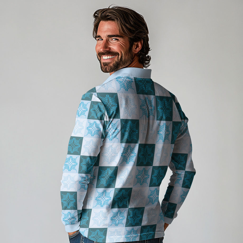 Cyan Manta Ray Hawaiian Quilt Motif Long Sleeve Polo Shirt