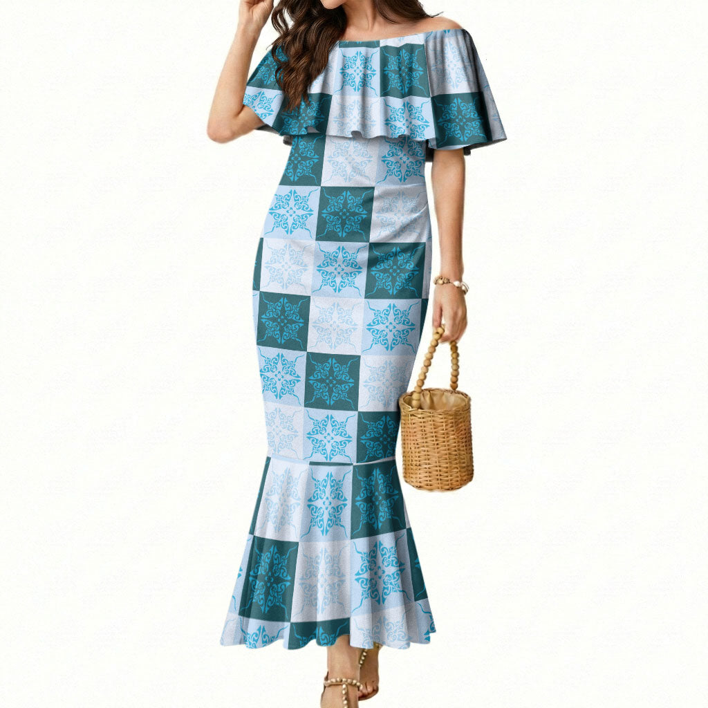 Cyan Manta Ray Hawaiian Quilt Motif Mermaid Dress