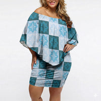 Cyan Manta Ray Hawaiian Quilt Motif Off Shoulder Short Dress