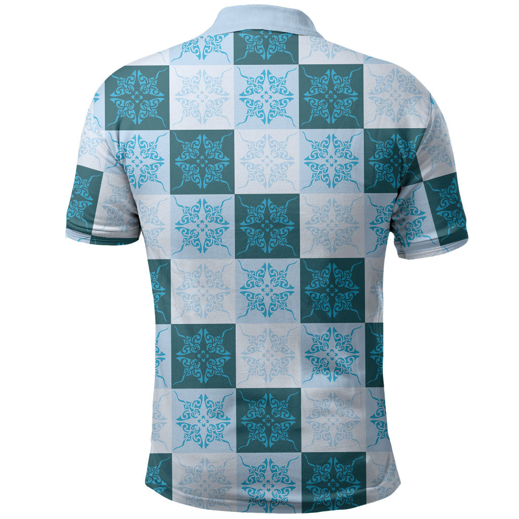 Cyan Manta Ray Hawaiian Quilt Motif Polo Shirt