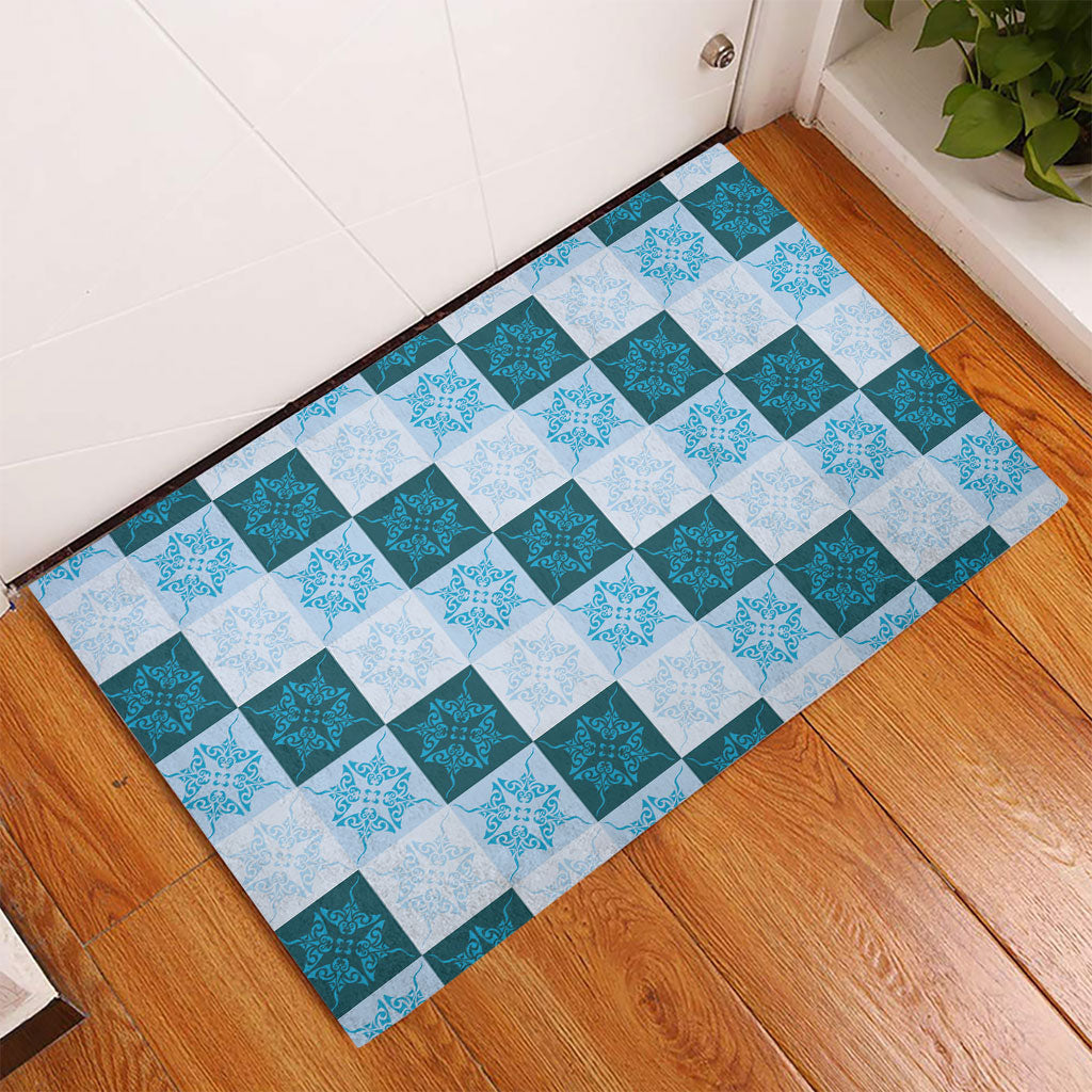 Cyan Manta Ray Hawaiian Quilt Motif Rubber Doormat
