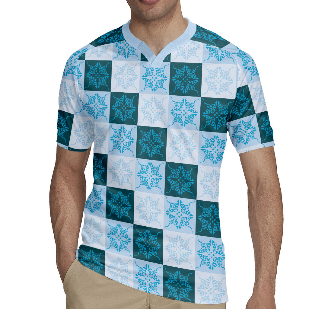 Cyan Manta Ray Hawaiian Quilt Motif Rugby Jersey