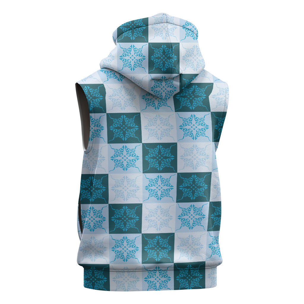 Cyan Manta Ray Hawaiian Quilt Motif Sleeveless Hoodie