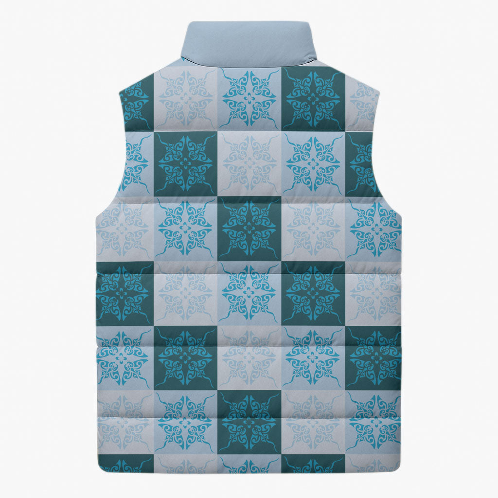 Cyan Manta Ray Hawaiian Quilt Motif Sleeveless Puffer Jacket