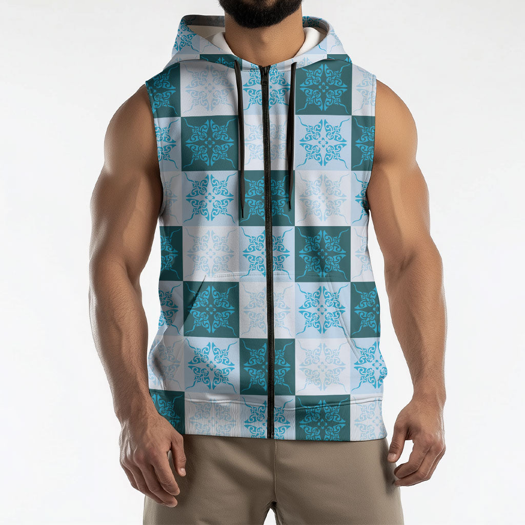 Cyan Manta Ray Hawaiian Quilt Motif Sleeveless Zip Hoodie
