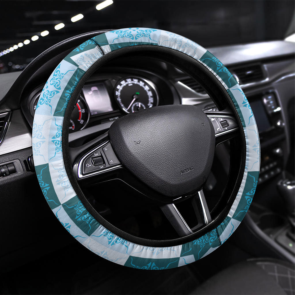 Cyan Manta Ray Hawaiian Quilt Motif Steering Wheel Cover