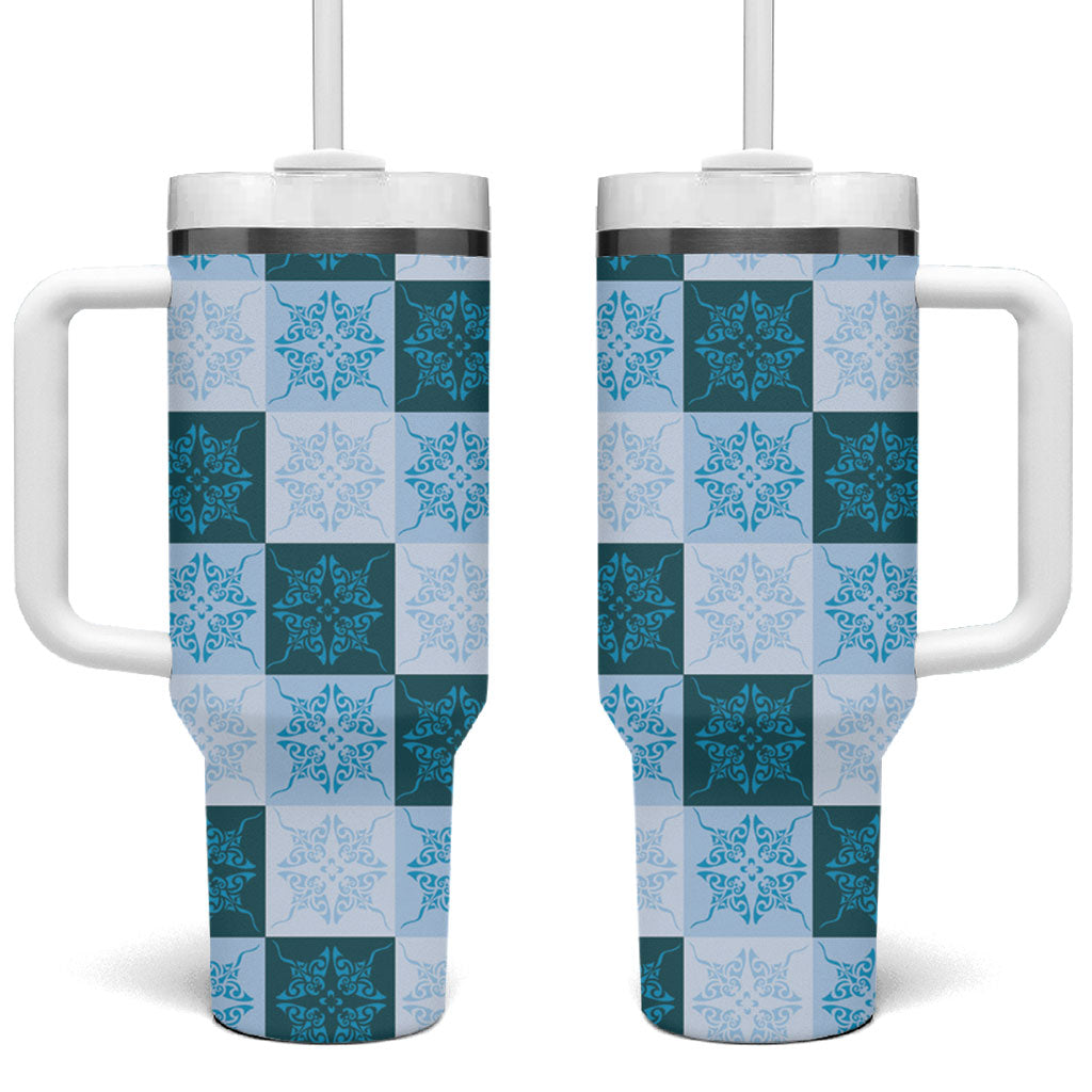 Cyan Manta Ray Hawaiian Quilt Motif Tumbler With Handle LT05 One Size: 40 oz Blue - Polynesian Pride