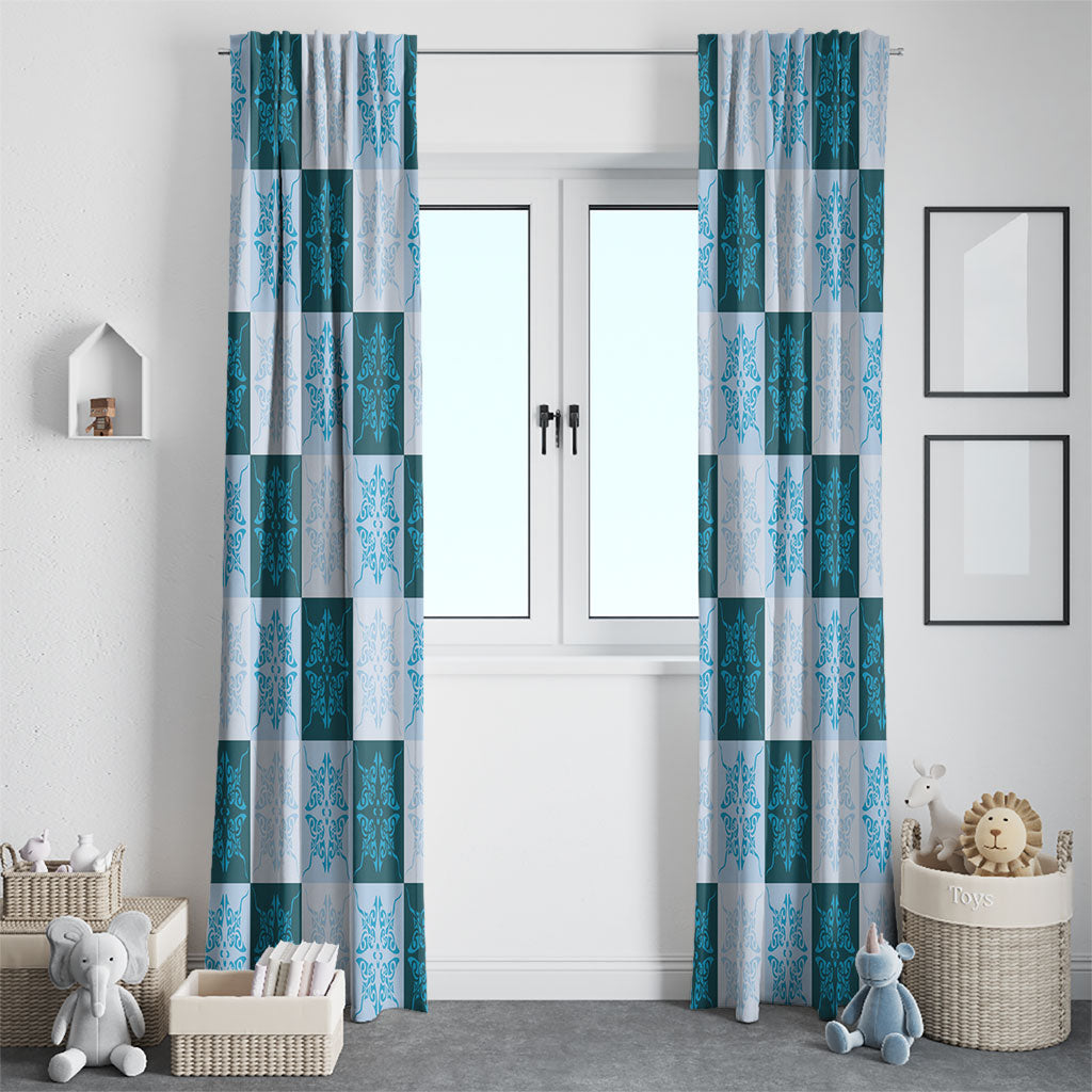 Cyan Manta Ray Hawaiian Quilt Motif Window Curtain