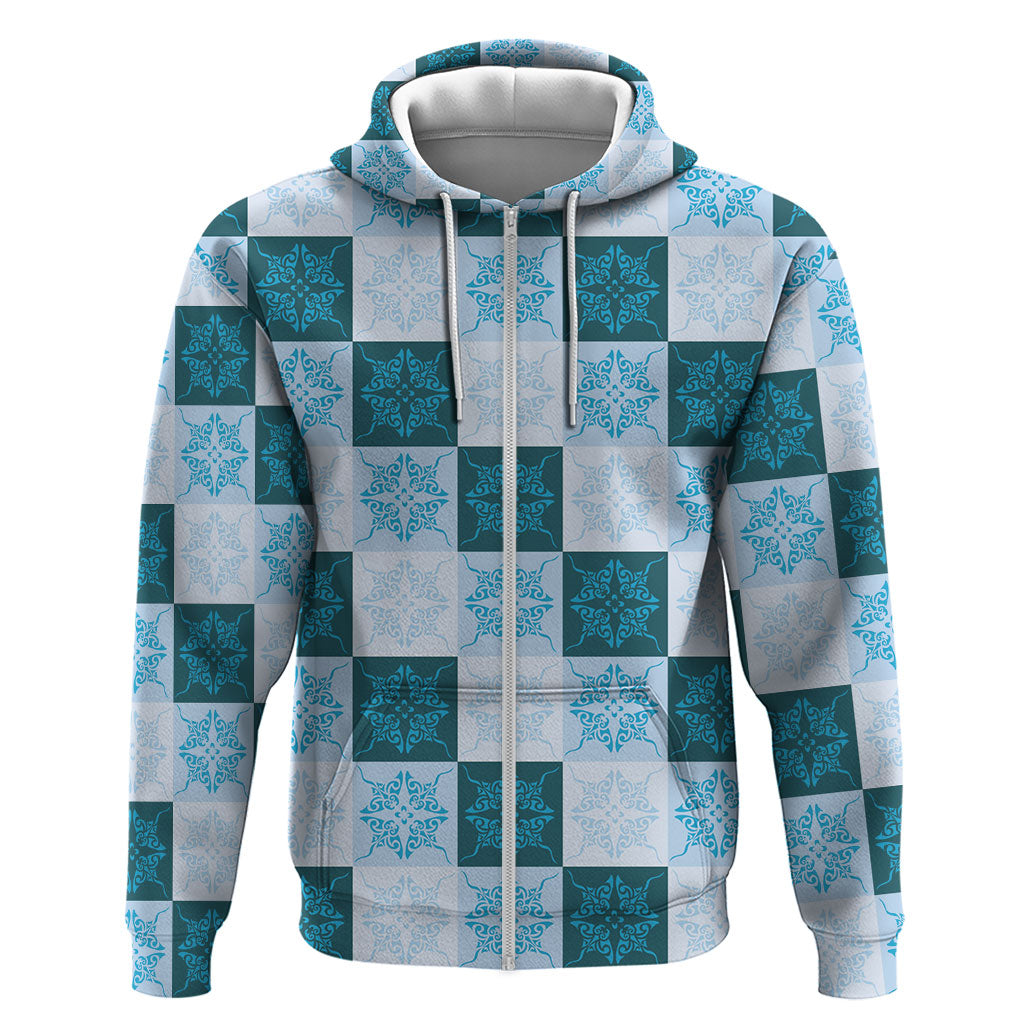 Cyan Manta Ray Hawaiian Quilt Motif Zip Hoodie LT05 Zip Hoodie Blue - Polynesian Pride