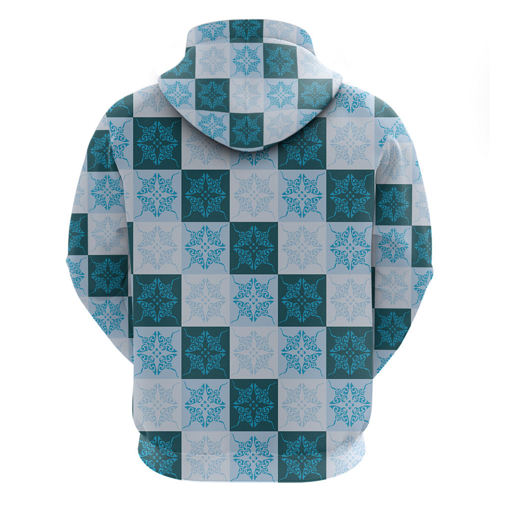 Cyan Manta Ray Hawaiian Quilt Motif Zip Hoodie