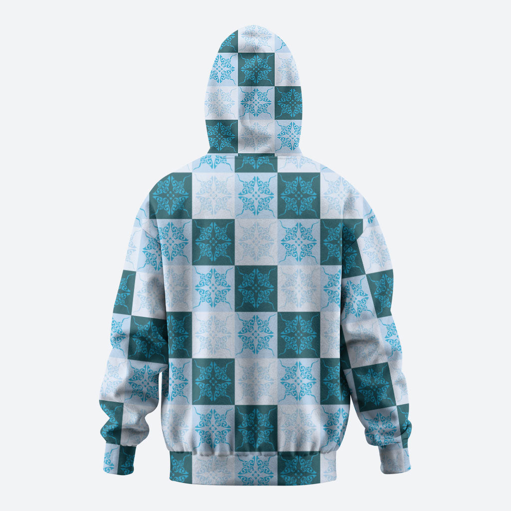 Cyan Manta Ray Hawaiian Quilt Motif Zip Hoodie