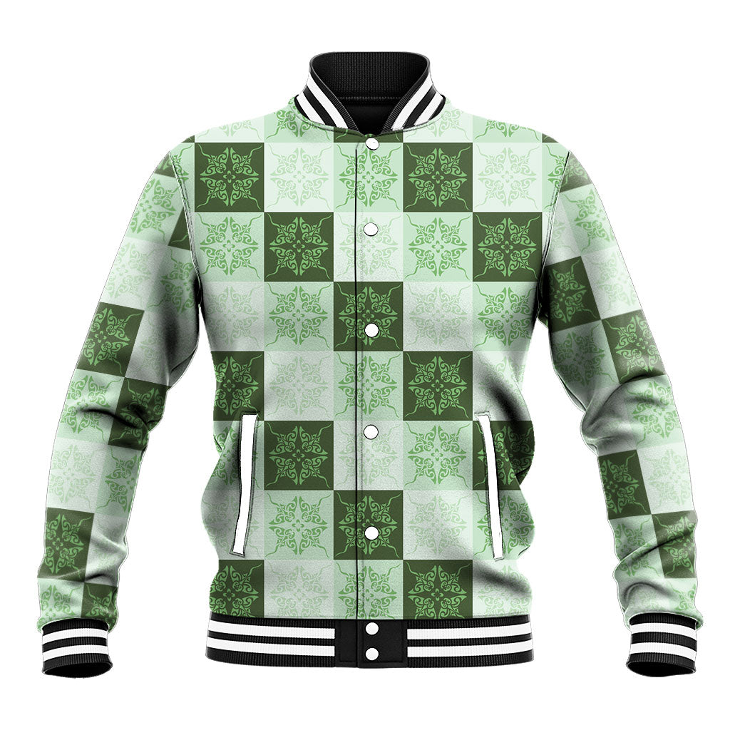 Sage Green Manta Ray Hawaiian Quilt Motif Baseball Jacket