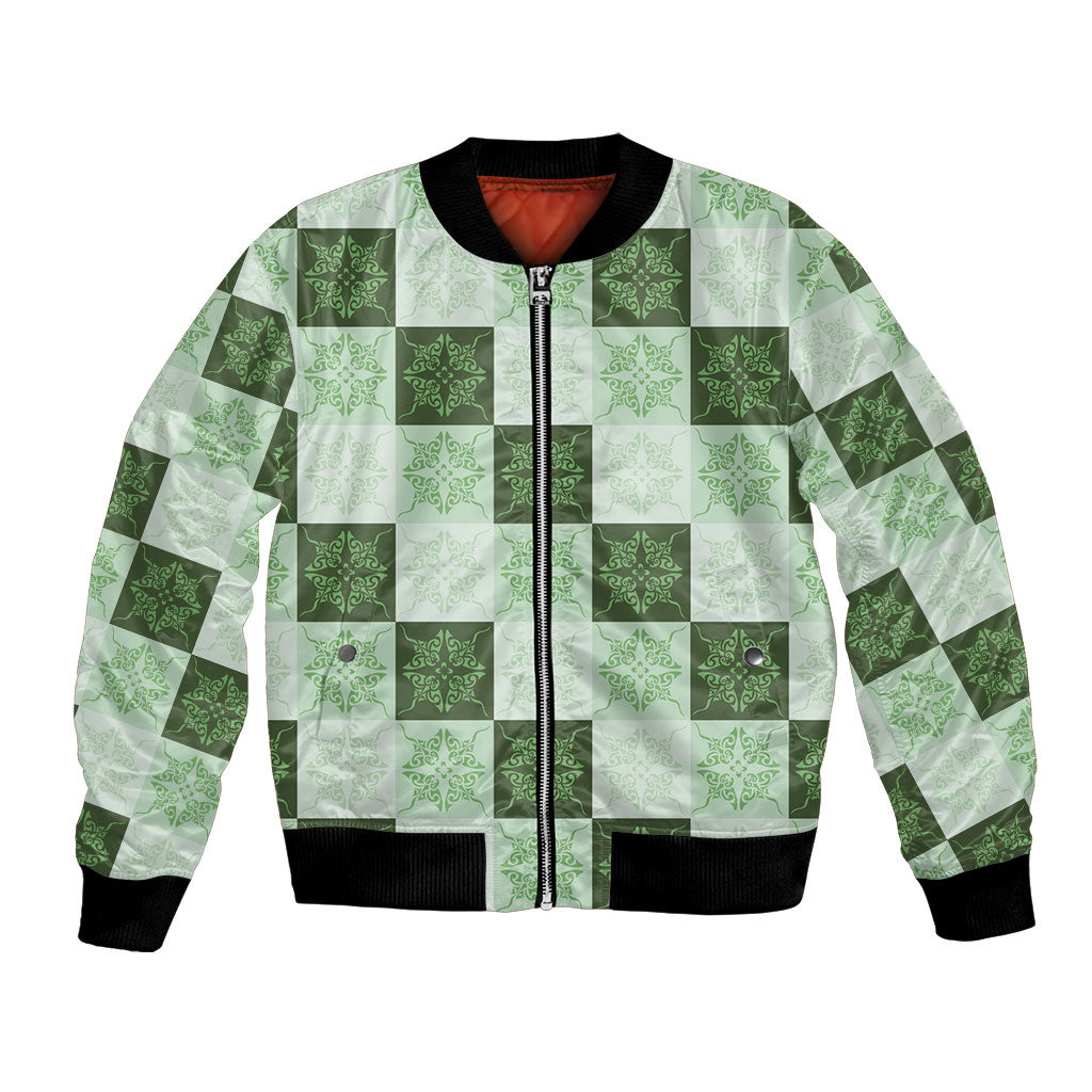 Sage Green Manta Ray Hawaiian Quilt Motif Bomber Jacket LT05 Unisex Green - Polynesian Pride