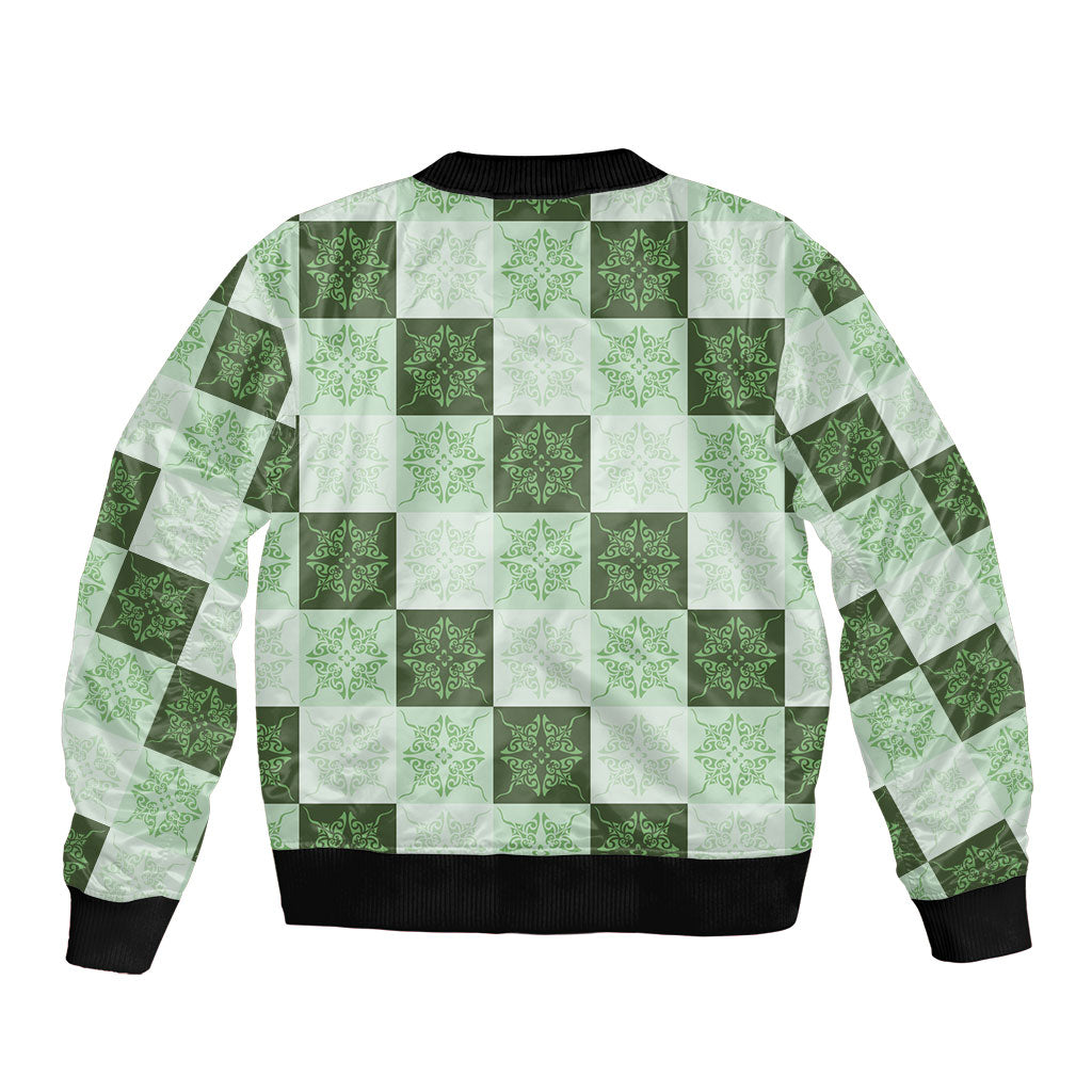 Sage Green Manta Ray Hawaiian Quilt Motif Bomber Jacket