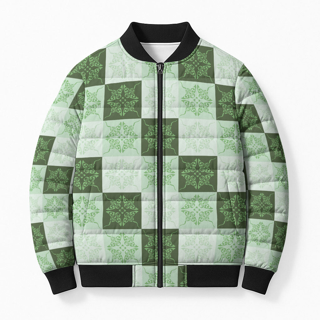 Sage Green Manta Ray Hawaiian Quilt Motif Bomber Puffer Jacket LT05 Unisex Green - Polynesian Pride