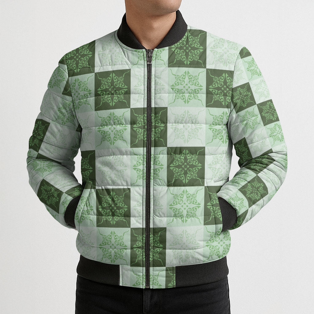 Sage Green Manta Ray Hawaiian Quilt Motif Bomber Puffer Jacket