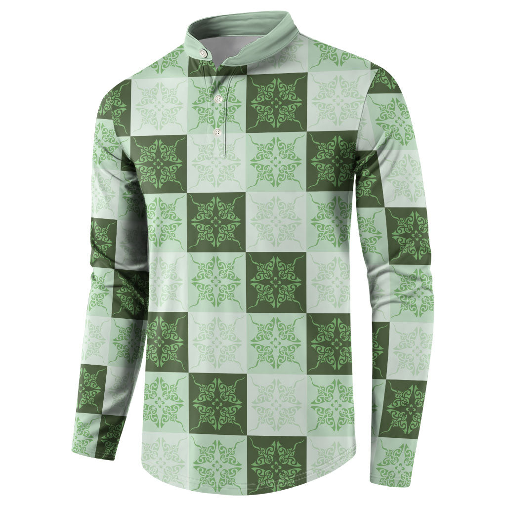 Sage Green Manta Ray Hawaiian Quilt Motif Button Sweatshirt
