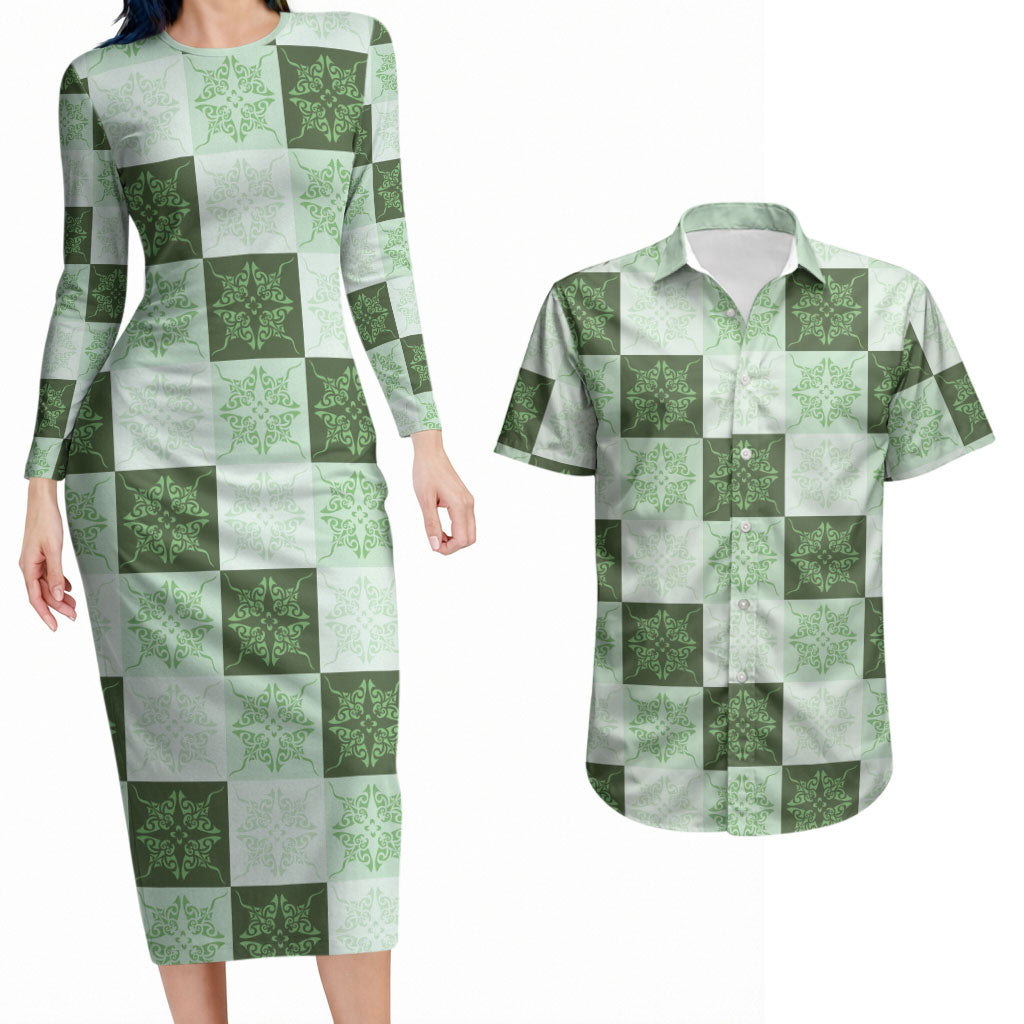 Sage Green Manta Ray Hawaiian Quilt Motif Couples Matching Long Sleeve Bodycon Dress and Hawaiian Shirt LT05 Green - Polynesian Pride