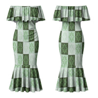 Sage Green Manta Ray Hawaiian Quilt Motif Couples Matching Mermaid Dress and Hawaiian Shirt