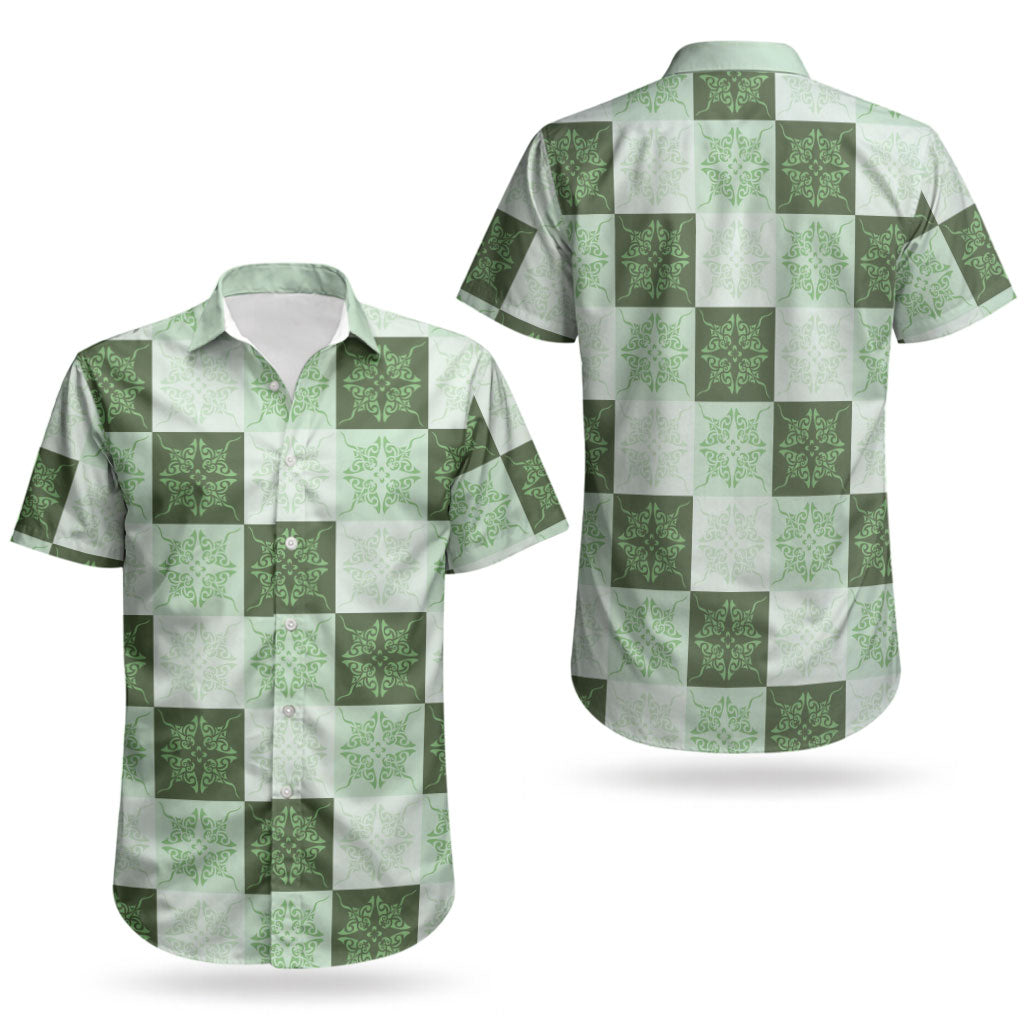 Sage Green Manta Ray Hawaiian Quilt Motif Couples Matching Off Shoulder Maxi Dress and Hawaiian Shirt