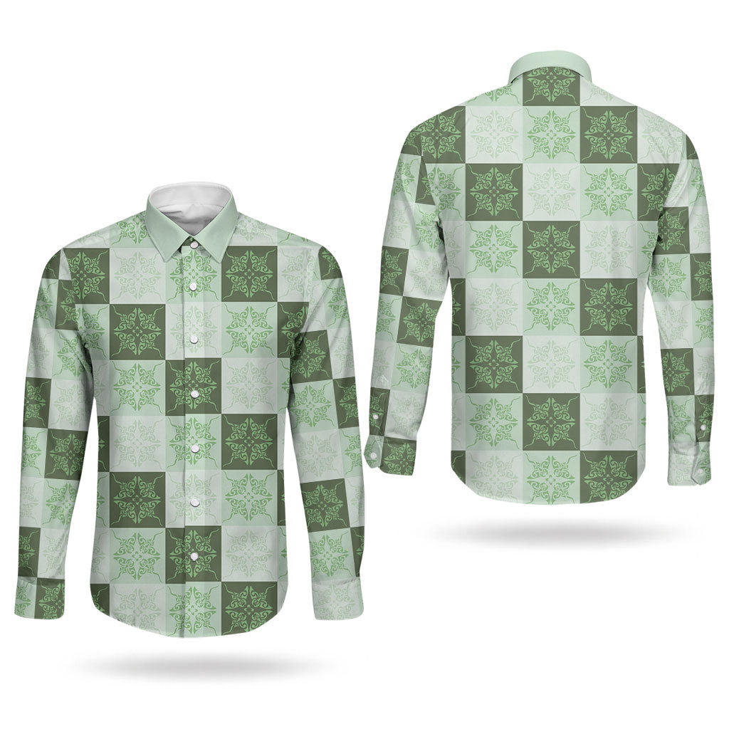 Sage Green Manta Ray Hawaiian Quilt Motif Couples Matching Off Shoulder Maxi Dress and Long Sleeve Button Shirt