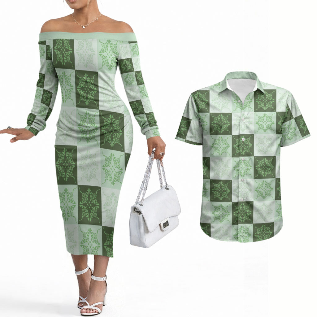 Sage Green Manta Ray Hawaiian Quilt Motif Couples Matching Off The Shoulder Long Sleeve Dress and Hawaiian Shirt LT05 Green - Polynesian Pride
