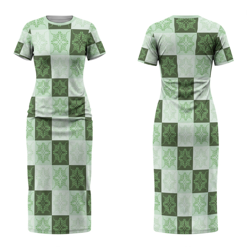 Sage Green Manta Ray Hawaiian Quilt Motif Couples Matching Short Sleeve Bodycon Dress and Hawaiian Shirt