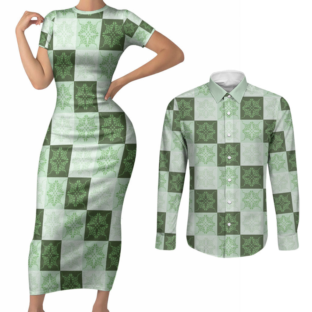 Sage Green Manta Ray Hawaiian Quilt Motif Couples Matching Short Sleeve Bodycon Dress and Long Sleeve Button Shirt