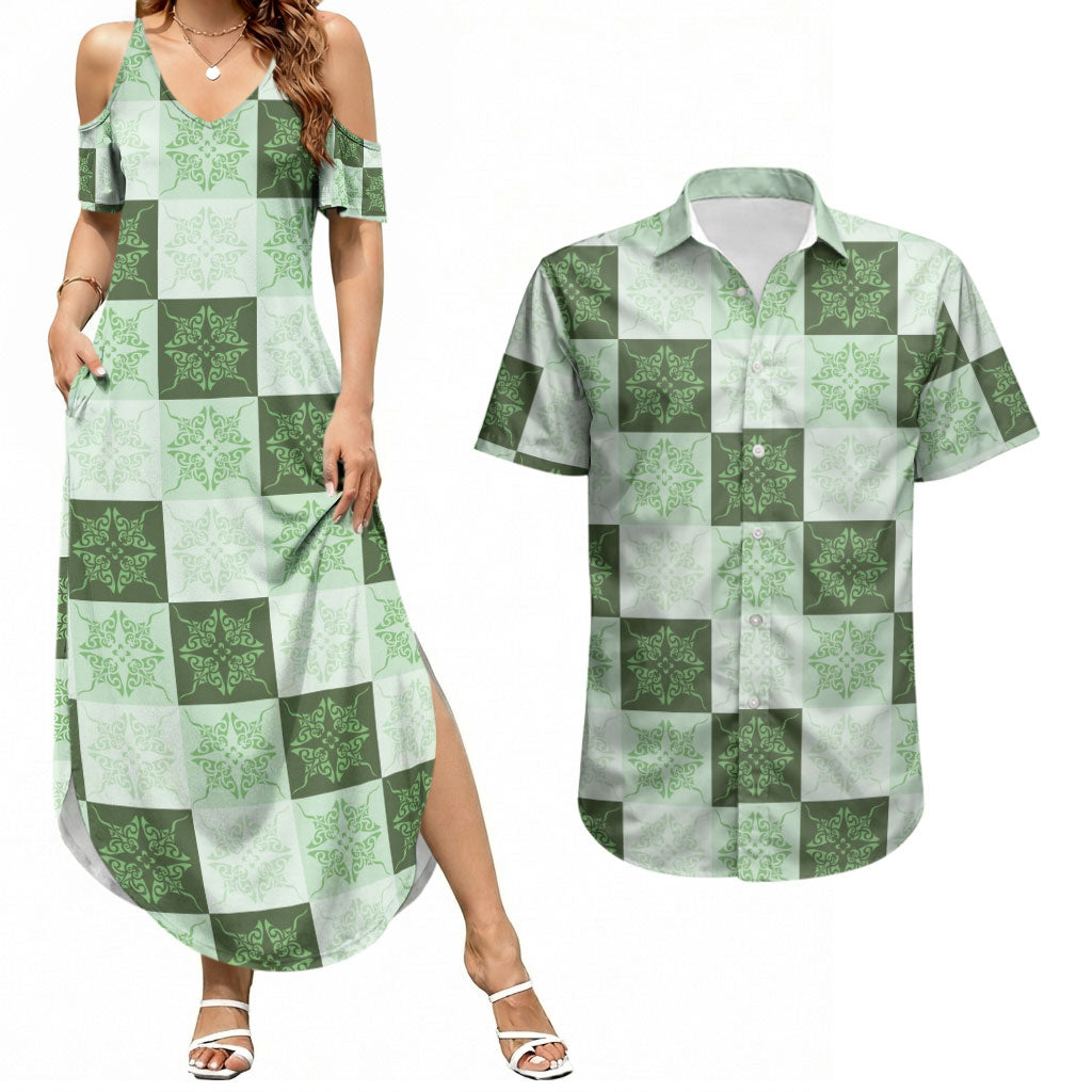 Sage Green Manta Ray Hawaiian Quilt Motif Couples Matching Summer Maxi Dress and Hawaiian Shirt