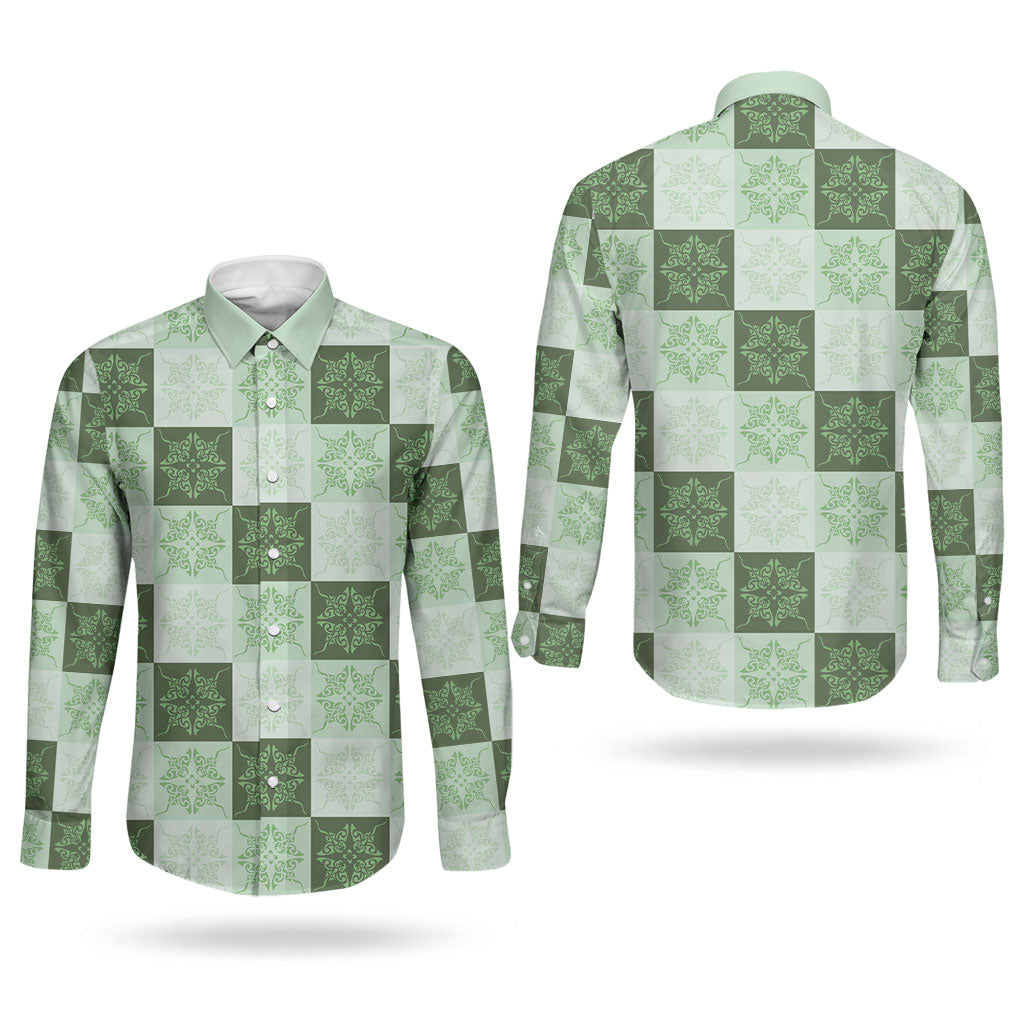 Sage Green Manta Ray Hawaiian Quilt Motif Couples Matching Summer Maxi Dress and Long Sleeve Button Shirt