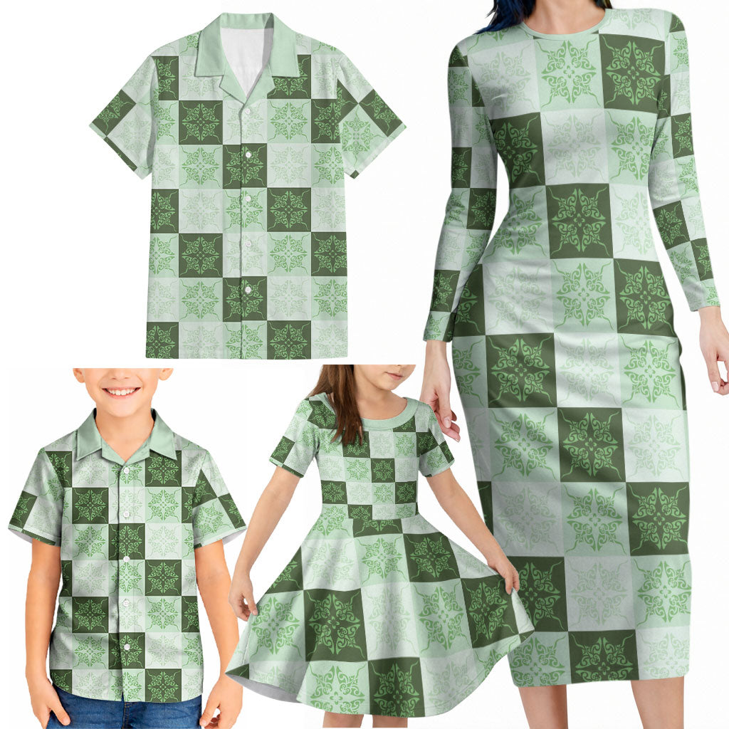 Sage Green Manta Ray Hawaiian Quilt Motif Family Matching Long Sleeve Bodycon Dress and Hawaiian Shirt LT05 - Polynesian Pride