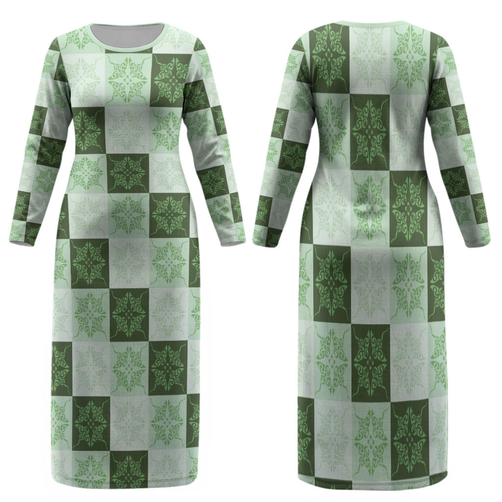 Sage Green Manta Ray Hawaiian Quilt Motif Family Matching Long Sleeve Bodycon Dress and Hawaiian Shirt
